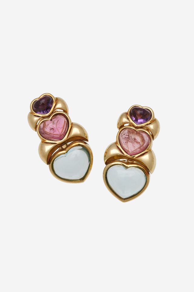 18k Yellow Gold Multi-Gem Heart Drop Earrings