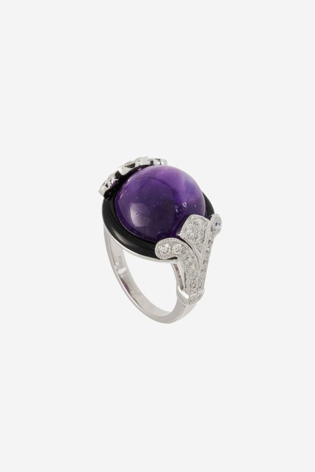 Platinum Amethyst, Onyx and Diamond Ring