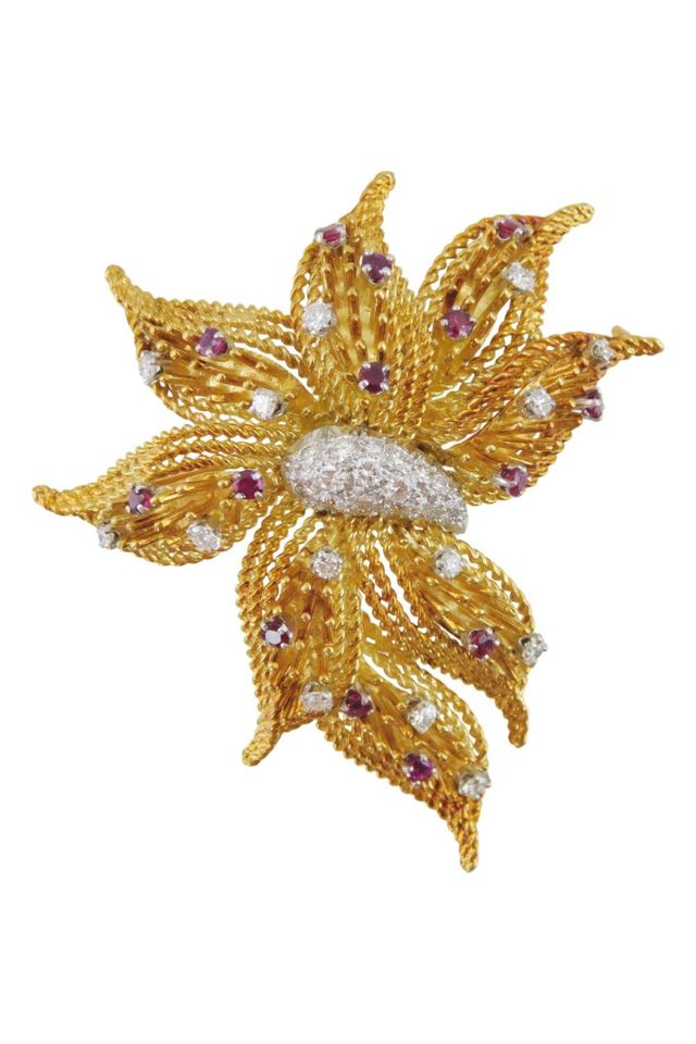 Yellow Gold and Platinum Ruby and Diamond Brooch