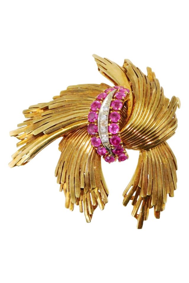 18k Yellow Gold Ruby and Diamond Spray Brooch