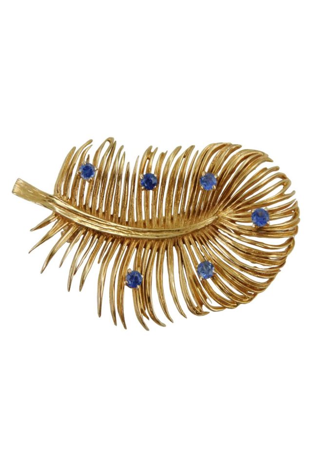 14k Yellow Gold Sapphire Leaf Brooch