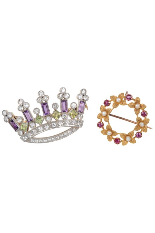 Two Gold and Platinum Multi-Gem Brooches