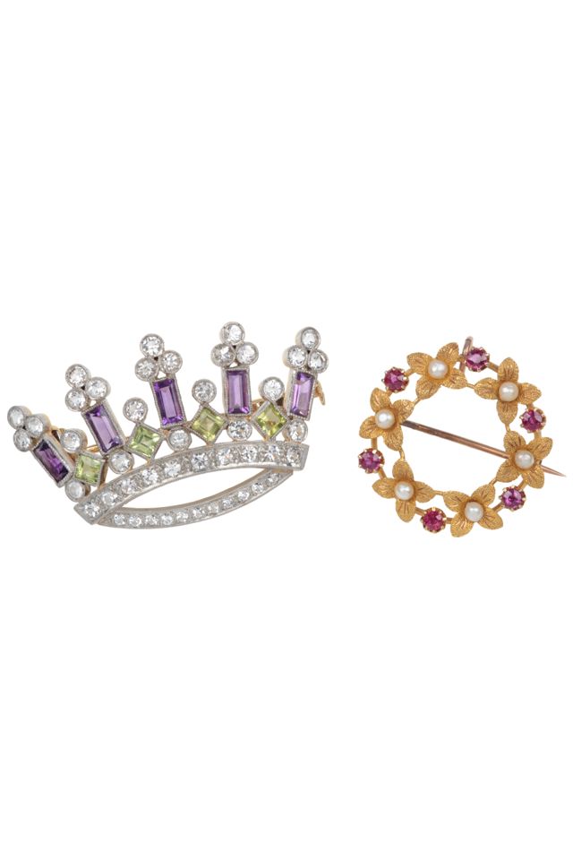 Two Gold and Platinum Multi-Gem Brooches