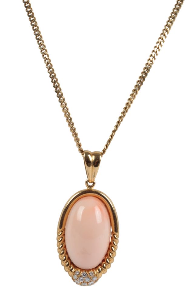 18k Gold Coral and Diamond Pendant Necklace