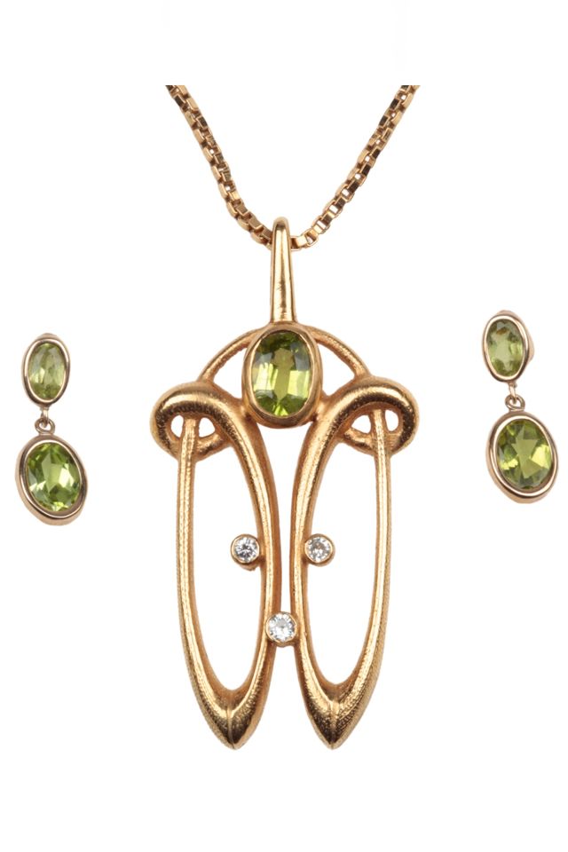Gold Peridot and Diamond Necklace and Earrings