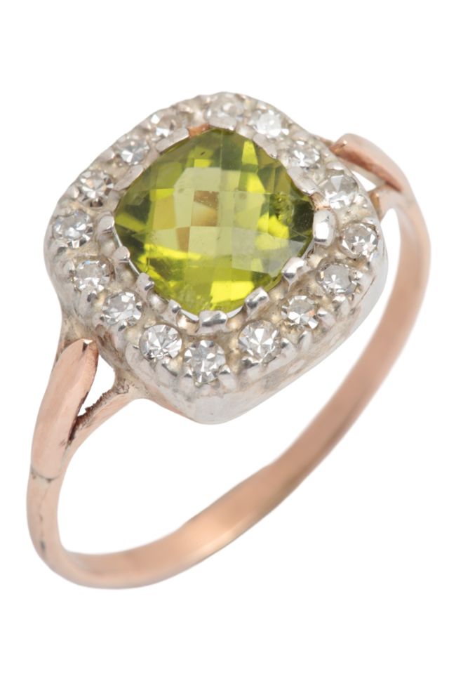 Silver, Gold Peridot and Diamond Ring