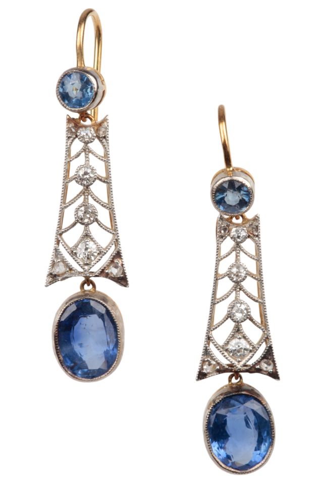 Gold and Platinum Sapphire and Diamond Earrings
