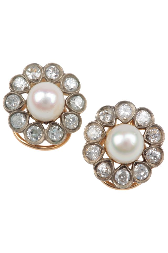 Pair of Gold Pearl and Diamond Earrings