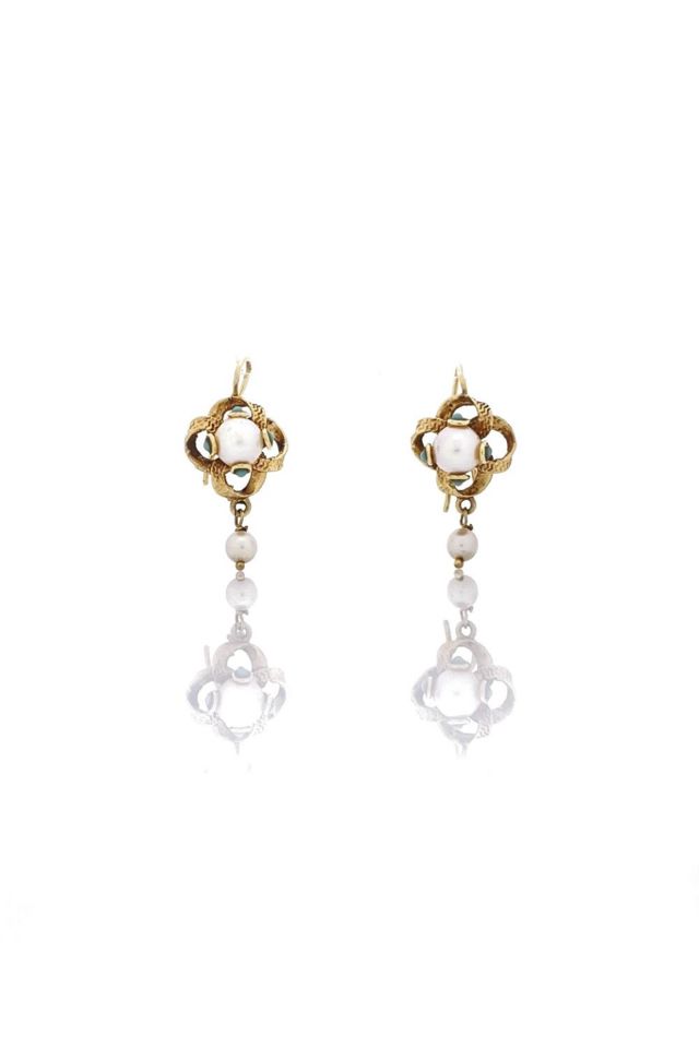 14k Gold Pearl and Turquoise Earrings