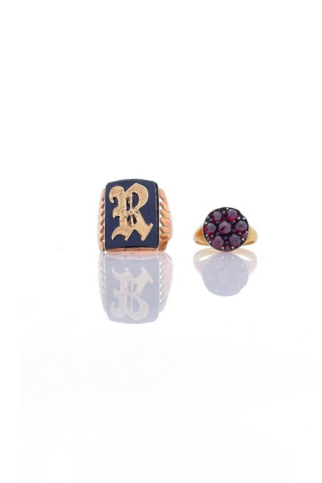 Two 10k Gold Garnet and Onyx Rings