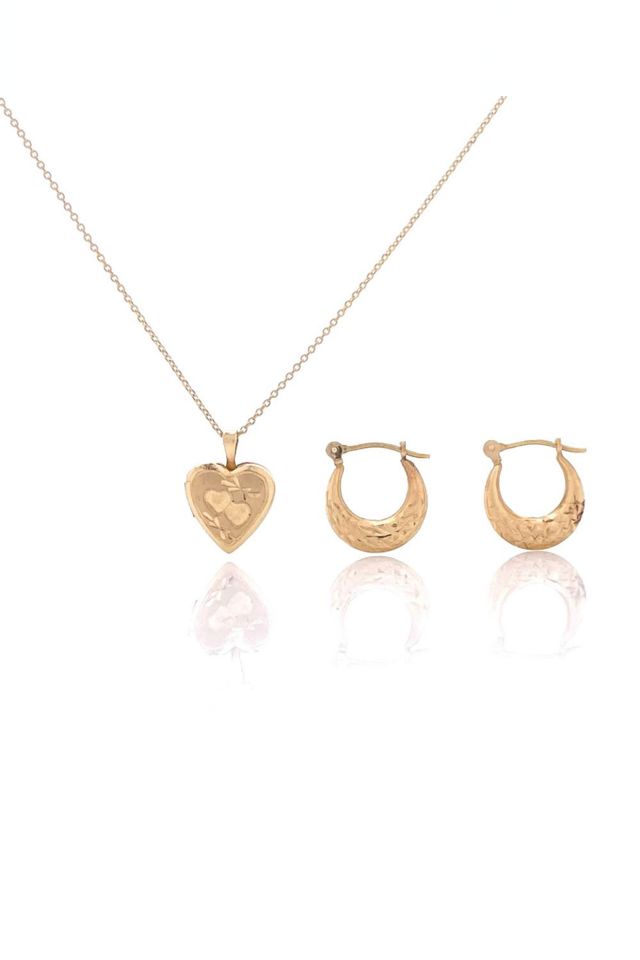 14k Gold Heart Locket Jewelry Set