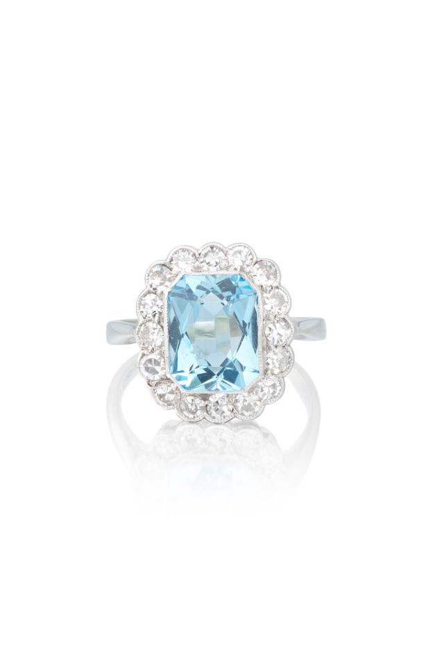 Aquamarine and Diamond Cluster Ring