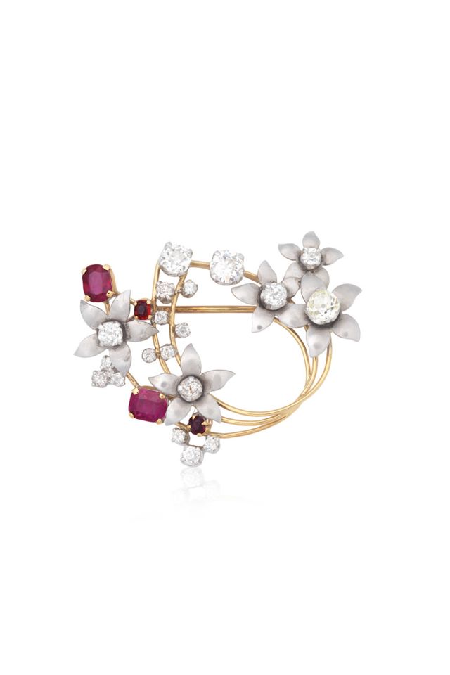 18k Gold, Platinum Multi-Gem Brooch