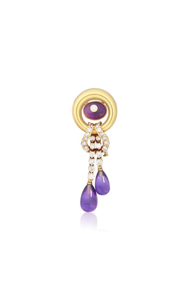 18k Gold Amethyst and Diamond Brooch