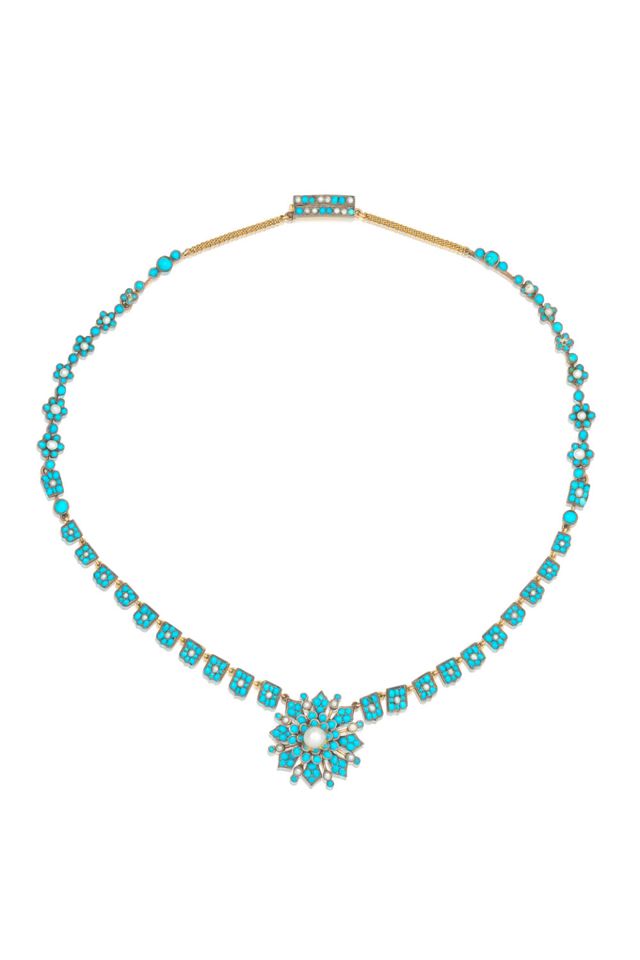Silver and 15k Gold Turquoise and Pearl Necklace