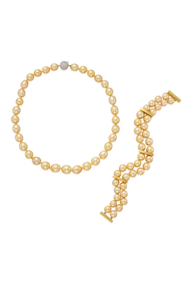 Gold Pearl and Diamond Necklace and Bracelet