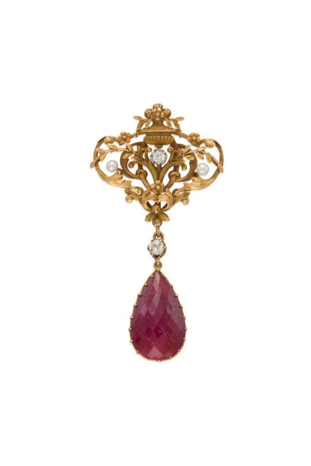 18k Gold Tourmaline and Diamond Brooch