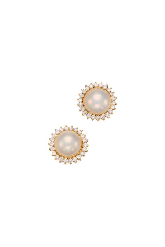 18k Gold Pearl Diamond Earclips