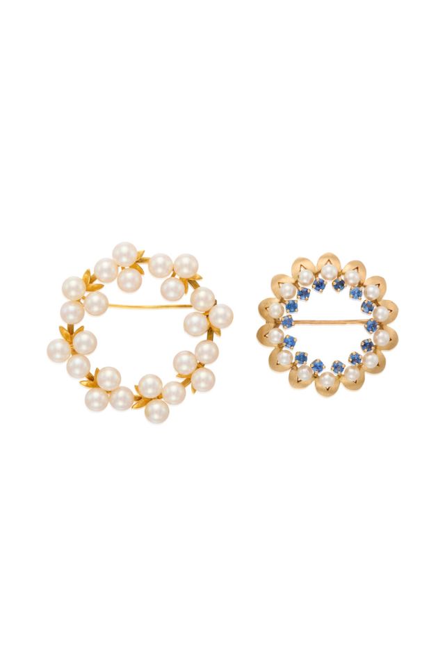 14k Gold Pearl Sapphire Brooches