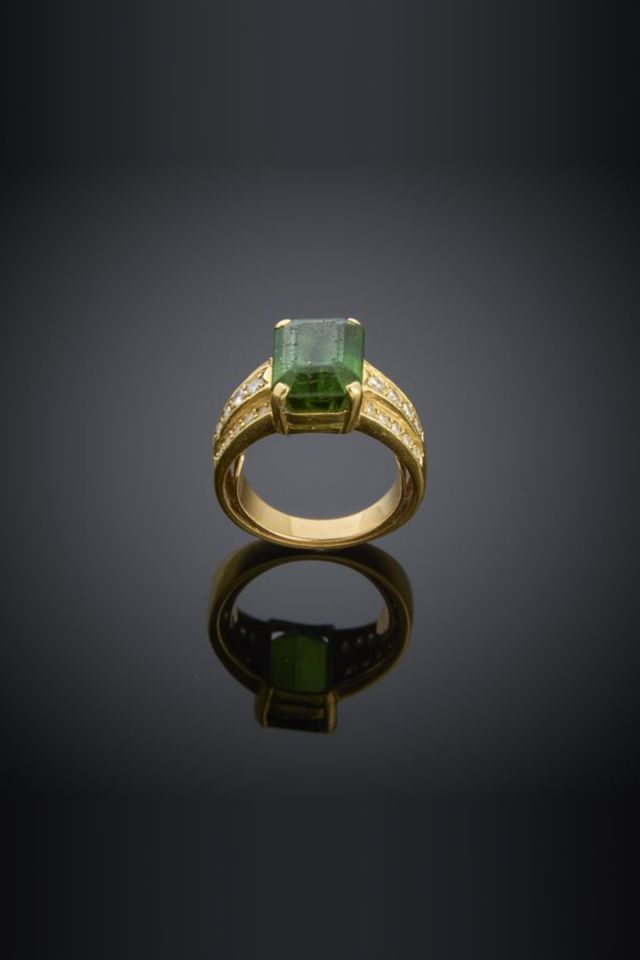 18k Gold Simulated Emerald and Diamond Ring